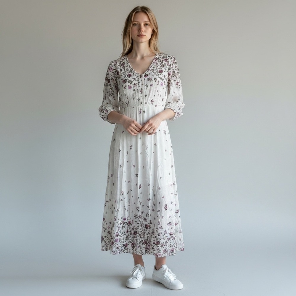 Code Floral Midi Dress Womens 8 Whit Pink Rose Rayon V-Neck Boho 90s Cottagecore